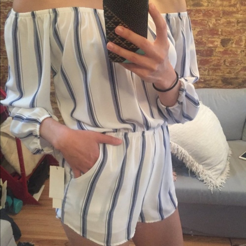 NWT Blue & White Striped Off the Shoulder Romper